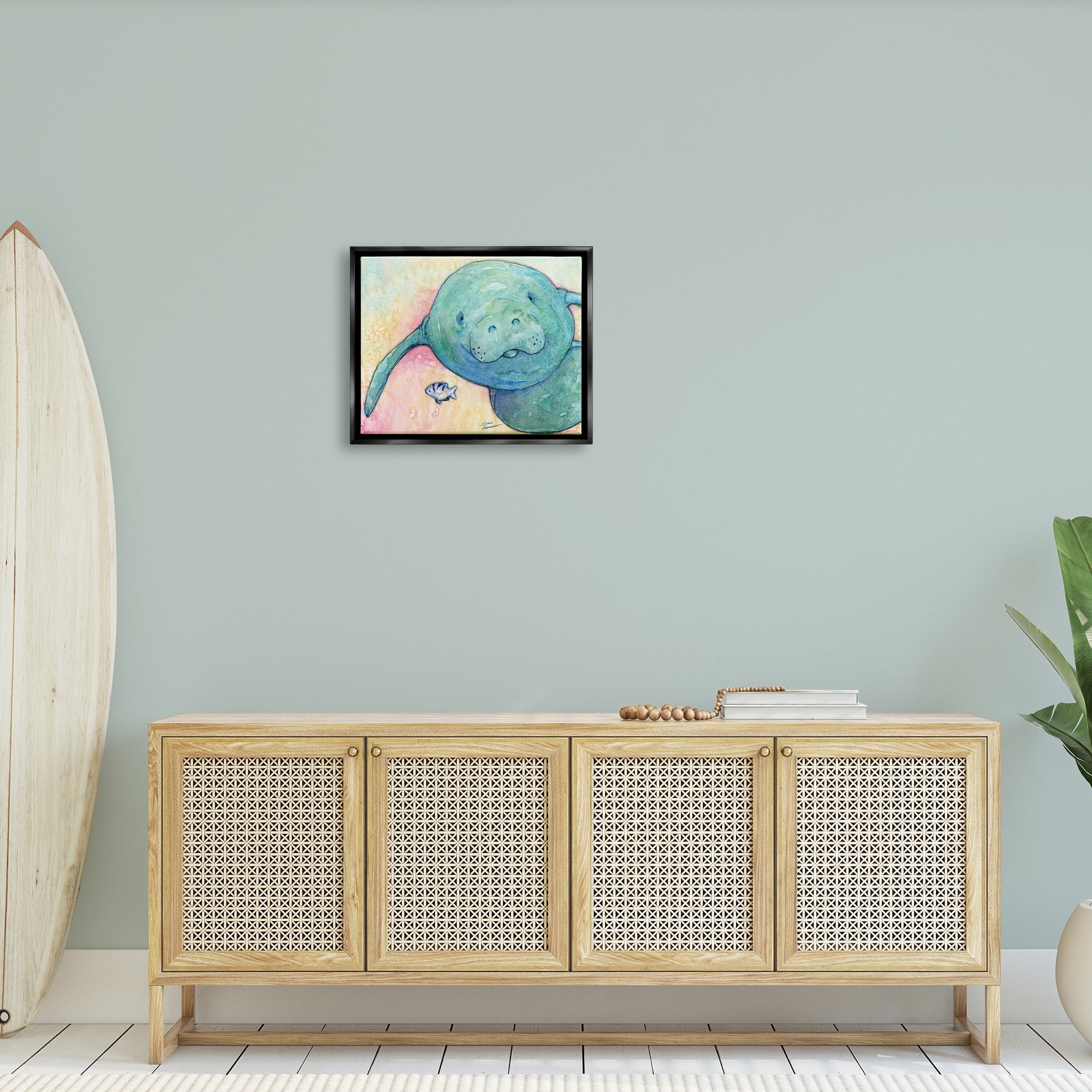 Stupell Industries Smiling Manatee Aquatic Wildlife Fish Rainbow Pattern Painting Jet Black Floating Framed Canvas Print Wall Art, Design by Steve Vanderbosh