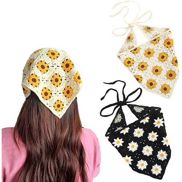 2 piezas de diademas de flores de crochet para mujer (amarillo y negro), pañuelos bohemios de flores para la cabeza para mujeres, pañuelos de crochet triangulares para la cabeza, pañuelos de flores vi