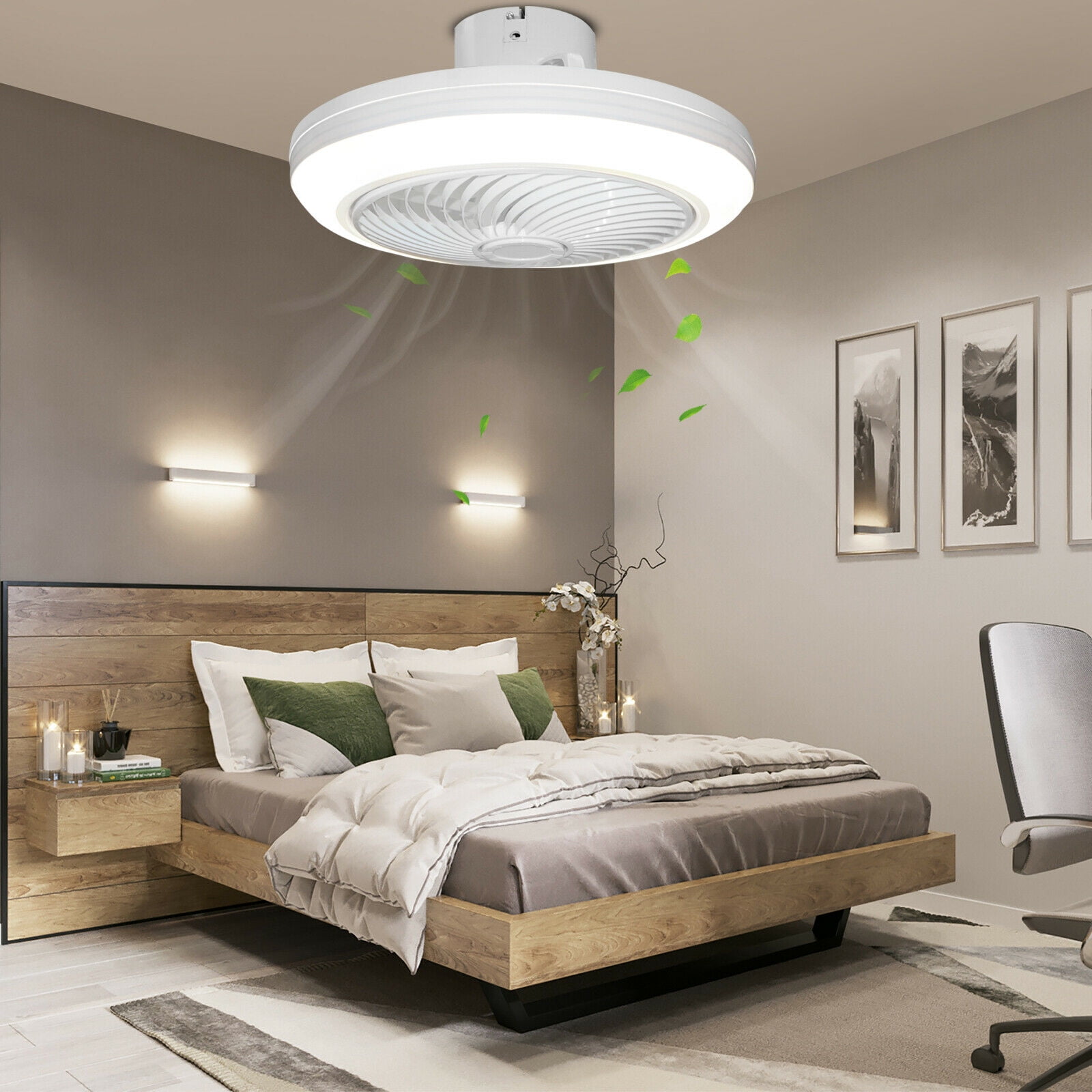Dimmable 3 Color 3 Speeds Timing Semi Flush Mount Low Profile Fan for Kids Room Bedroom Living Room Modern Bladeless Ceiling Fan Light Indoor Ceiling Fan with Lights and Remote Control
