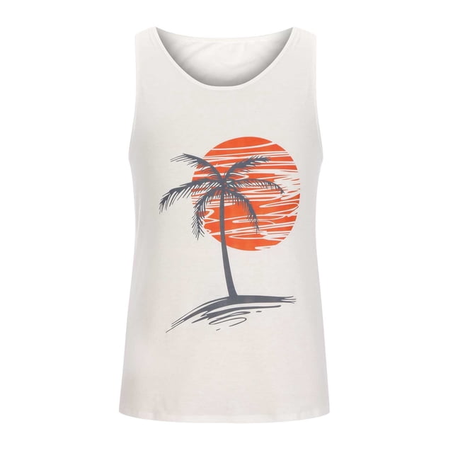 Camiseta deportiva sin mangas con cuello redondo y estampado de cocos al atardecer para hombre de Honeeladyy