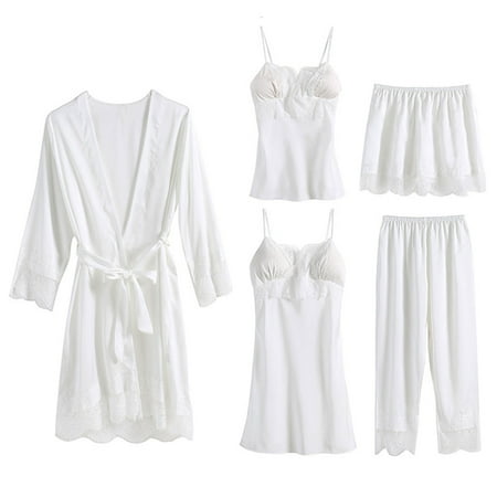 50% off Clear! HAPIMO Discount 4 Piece Pajamas Set for Women Silk Lace Robes Plush Fleece Sleepwear Soft Warm Bathrobe Housecoat Pajamas Dress Babydoll Nightgown White M
