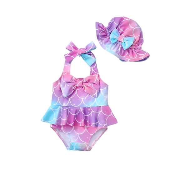 KIMI BEAR Newborn Baby Girls One-piece Swimsuits 0-3 Months Summer Bathing Suits Off the Shoulder Sleeveless Halter Bow Mermaid Beach Wear Holiday Rash Guard with Headband 2pcs Pink