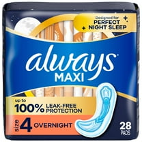 Always Maxi Pads without Wings, Size 4, Overnight Absorbency, 28 Count