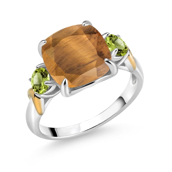 Gem Stone King 925 Silver and 10K Yellow Gold Brown Tiger Eye and Green Peridot 3 Stone Ring for Women (4.10 Cttw, Gemstone Birthstone, Cushion 10MM, Round 4MM, Size 8)