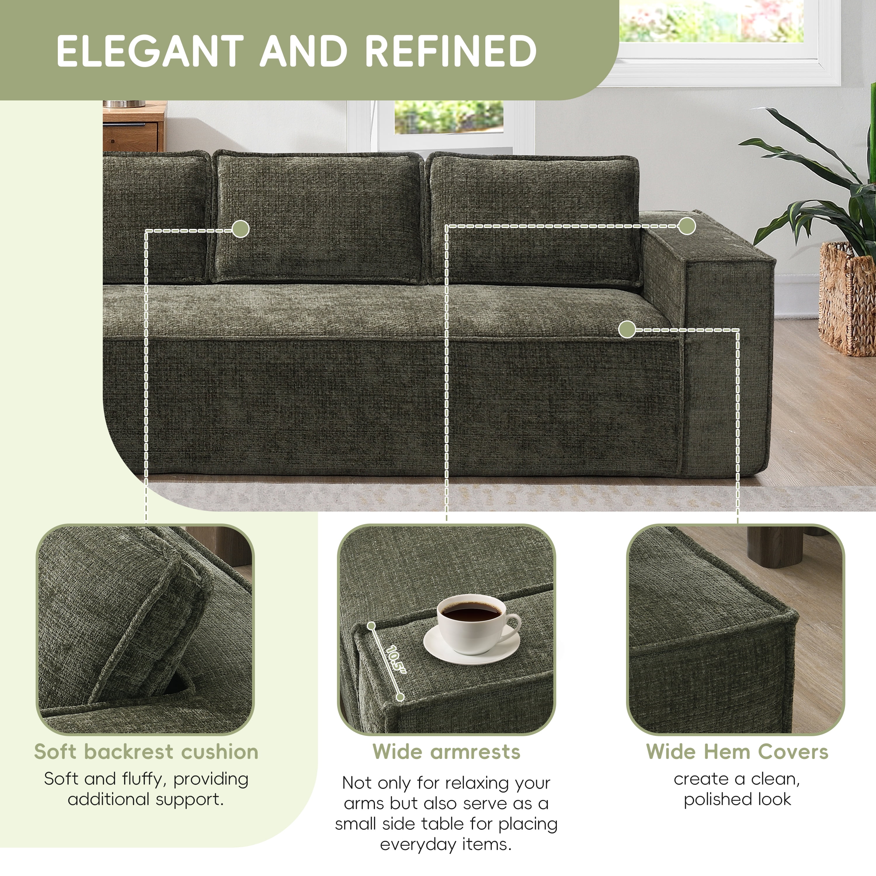 Sectional Sofa, Modular Couch, L-Shaped Fully Compressed No Frame, Ultra-Thick Wrinkle-Resistant Chenille Fabric with Pocket Spring Seat for Living Room, 129.5 Inch, Green