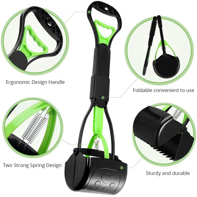 Recogedor de excrementos irrompible para perros y gatos con mango largo hecho de material de alta resistencia y resortes duraderos para recoger fácilmente hierba y grava negro verde