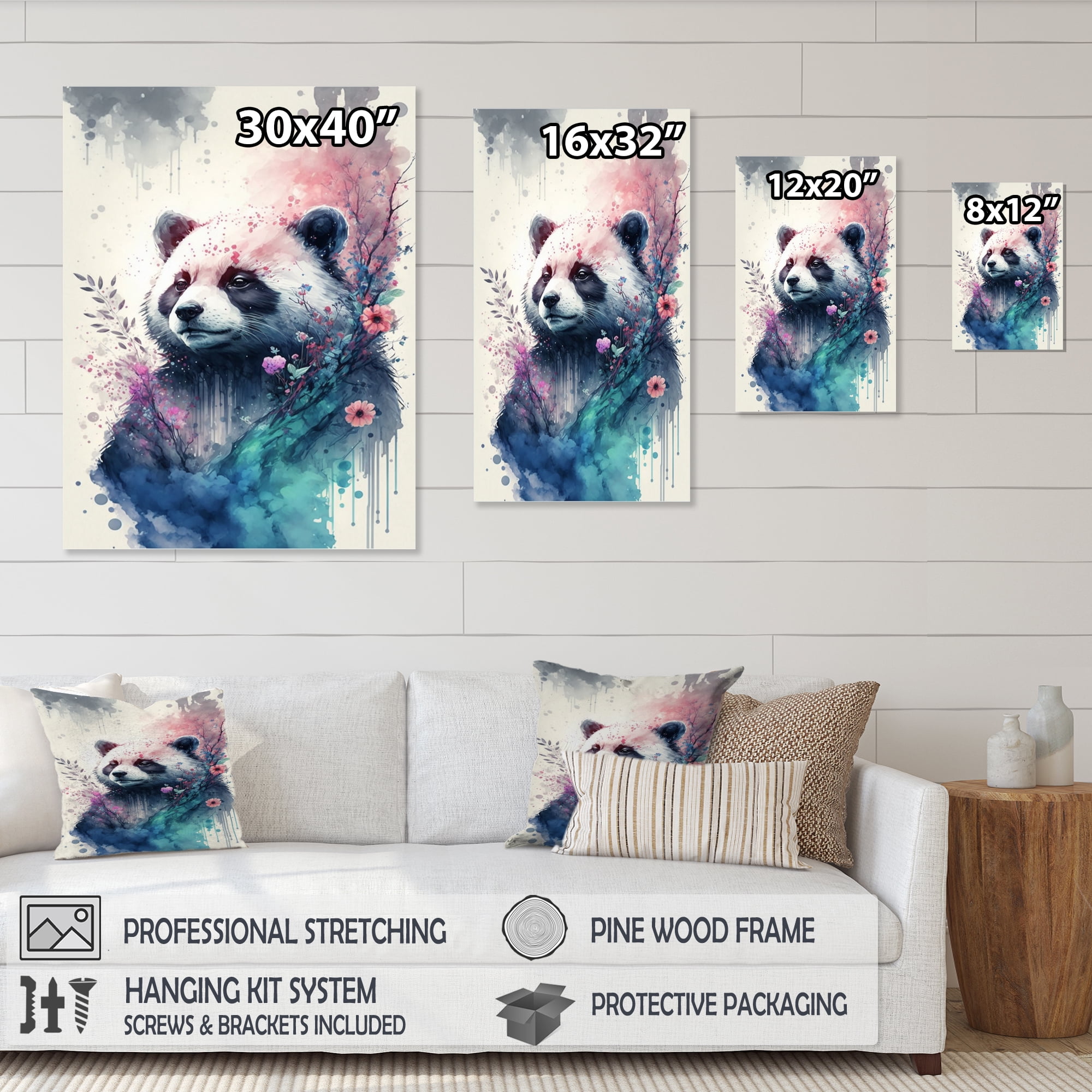 Designart Cute Panda Floral Art Canvas Wall Art