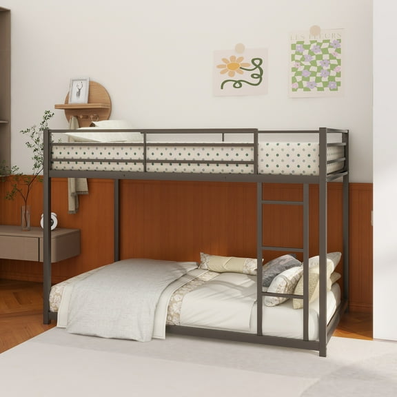 Twin over Twin Metal Bunk Bed, Low Bunk Bed with Ladder, Black
