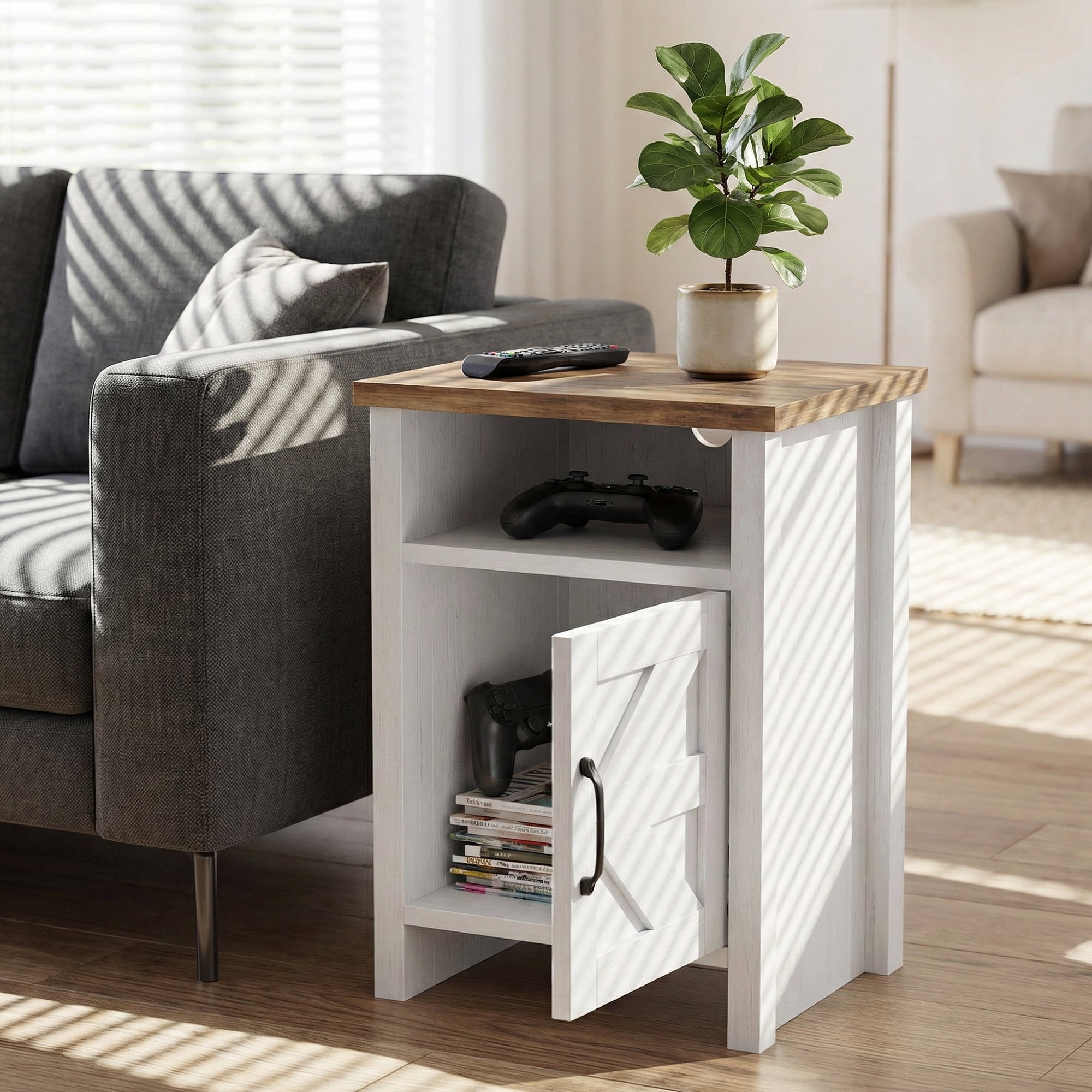 Homall Farmhouse Nightstand 1 Piece with Shelf and Barn Door Wood Modern Beside Tables for Bedroom Living Room, White