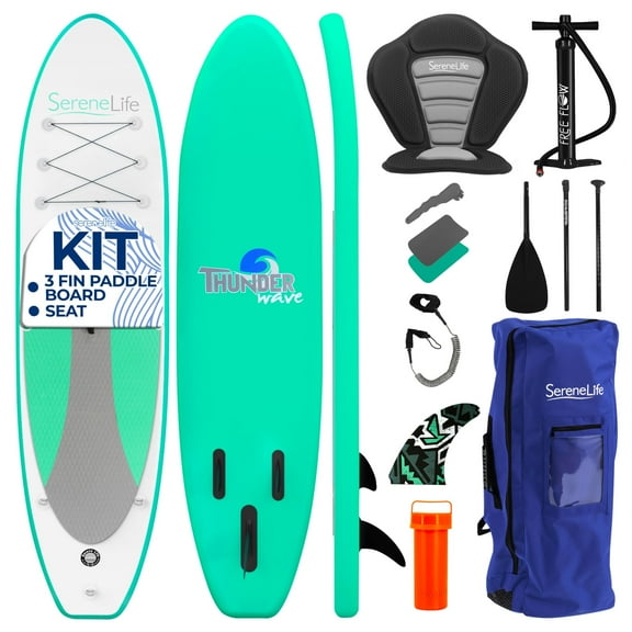 SereneLife 11 Inflatable Stand Up Paddle Board with Detachable Seat  SUP Paddleboard Set, Rolls Up for Easy Storage and Transport, Non-Slip EVA Deck Pad, 32" Wide Design, 275 lbs. Capacity