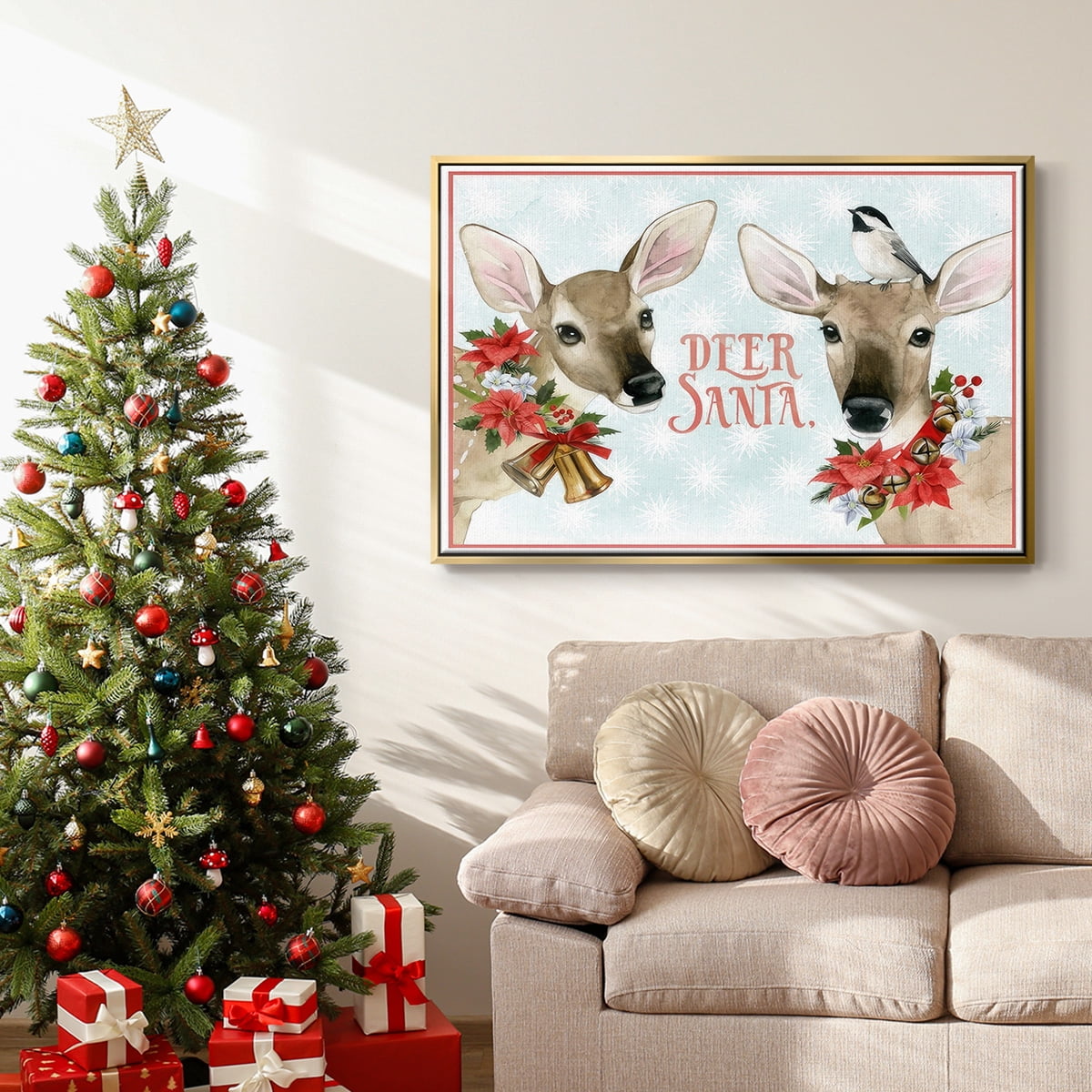 Deer Christmas Collection A - Framed Gallery Wrapped Holiday Canvas - 27 x 41 - Gold Frame