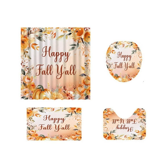 XIA0LE 4pcs Thanksgiving Shower Curtain Set, Warm Orange Yellow Pumpkin Harvest Fall Theme Bathroom Decor Set With Shower Curtain And Rugs, Rustic Farmhouse Autumn Thanksgiving Bathroom Set