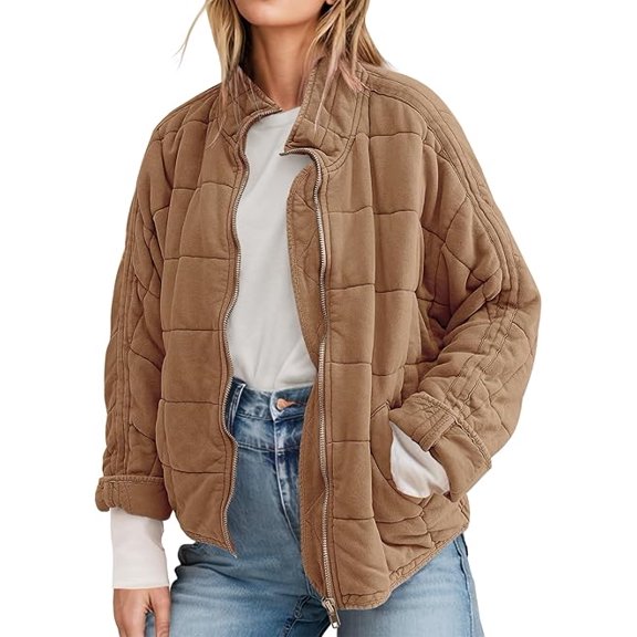 Women's Causal Lightweight Quilted Jackets Long Sleeve Oversized Warm Winter Zip Up Coat with Pockets