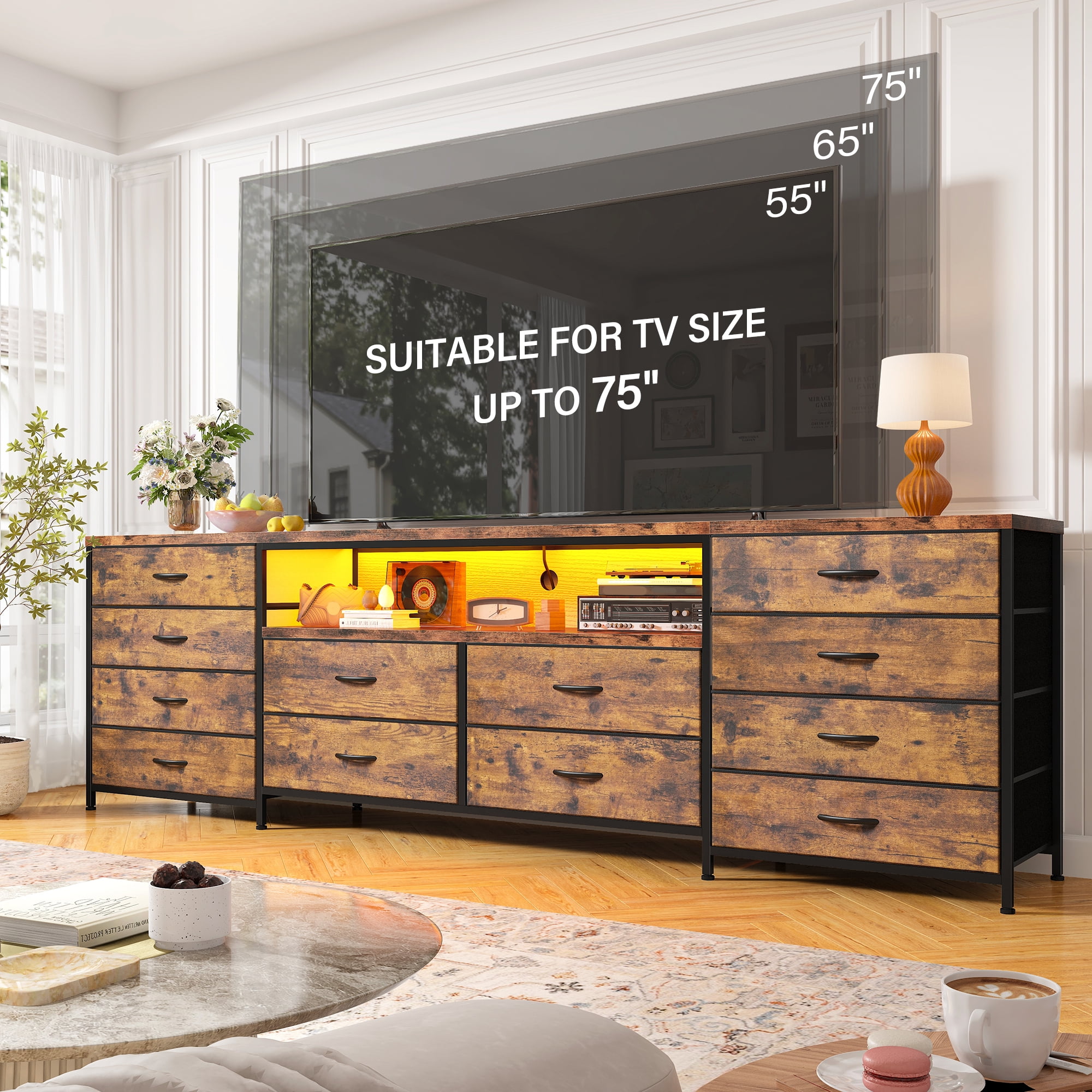 EnHomee Wide Dresser TV Stand for 65 70 75 Inch Dresser for Bedroom with LED Lights & Power Outlets & 12 Fabric Drawers,Rustic Brown