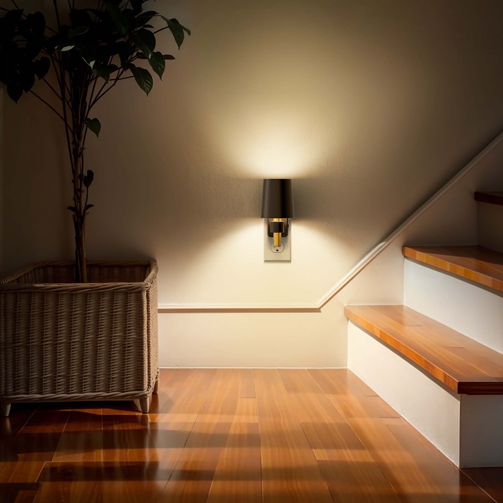 YANSUN 1W Vintage Plug-in Night Light with Black Shade, Dimmable 3000K Auto On/Off Dusk-to-Dawn Sensor for Bedroom, Hallway, Stairway