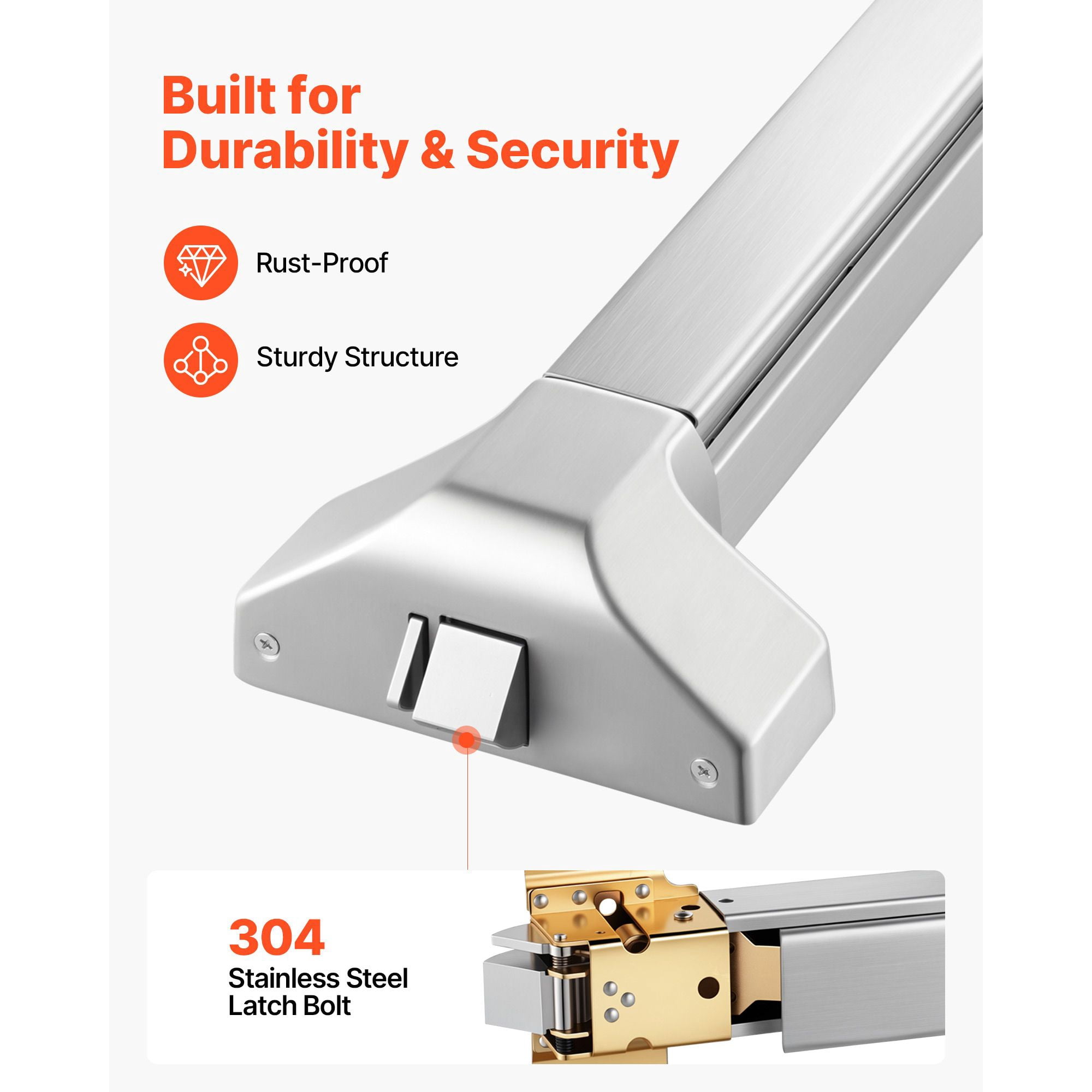 Push Bar Panic Exit Device with 304 Stainless Steel Dual Locking Bolts, for Emergency Exit Wood Metal Doors