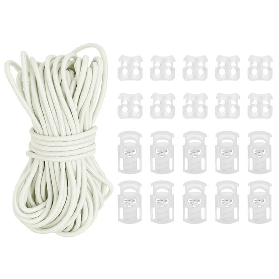 16 Yard Elastic Bungee Cord & Single Hole Cord Lock & Double Hole Spring Toggle Stopper, White 21 Pack