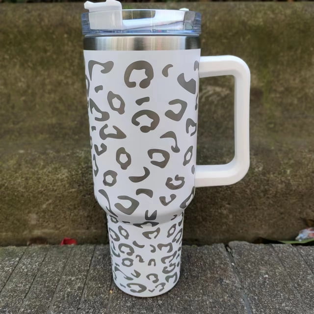 Taza térmica de acero inoxidable 304 con estampado de leopardo y asa de 40 oz para coche, con pajita, protección contra el frío