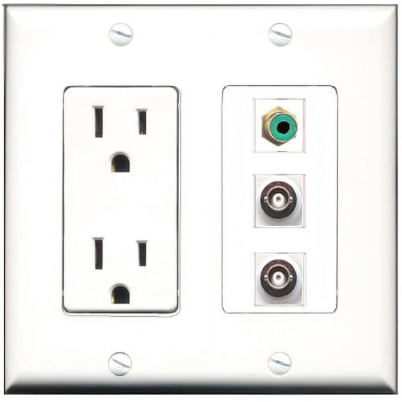 RiteAV - 15 Amp Power Outlet 1 Port RCA Green 2 Port BNC Decorative Wall Plate