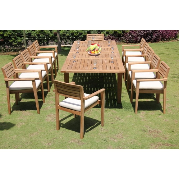 Teak Dining Set: 12 Seater 13 Pc:Large Caranasas 122" Double Extensions Premium Rectangle Dining Table & 12 Montana Stacking Arm/Captain Chairs Outdoor Patio Grade-A Teak Wood WholesaleTeak #WMDSMT15