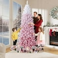 thumbnail image 4 of 6ft Pre-lit Snow Flocked Pencil Christmas Tree Fir Hinged Slim Corner Xmas Tree Holiday Decoration with 250 Incandescent Warm White Lights & 814 Snow Branch Tips, Pink Gradien, 4 of 9