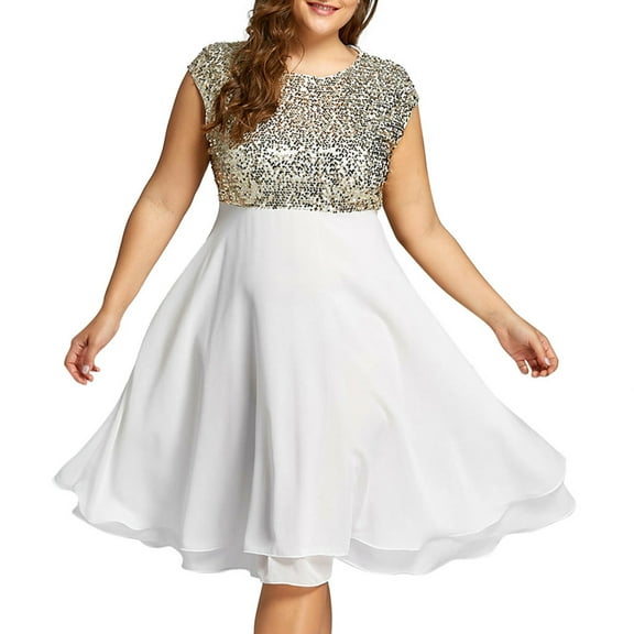 Hinvhai Plus Size Dresses Clearance,Women Plus Size Solid Sleeveless Zipper Chiffon Sequined Dress White 20(XXXXL)