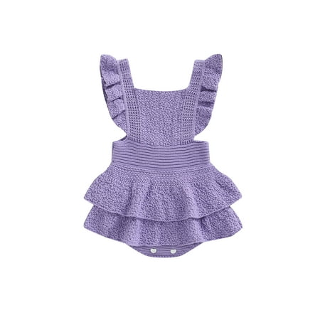 

Diconna Baby Girls Knitting Rompers Solid Color Fly Sleeve Ruffle Hem Casual Party Street Spring Fall Summer Rompers Purple 3-6 Months