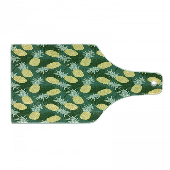 Hawaii Cutting Board, Monochrome Palm Leaves with Exotic Pineapples Blooming Foliage, Decorative Tempered Glass Cutting and Serving Board, Wine Bottle Shape, Pale Green Fern Green, by Ambesonne