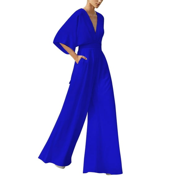 Riforla Women's Deep V Long Sleeve Casual Fashion High Waist Wide Leg Trousers Womens Jumpsuit Blue M