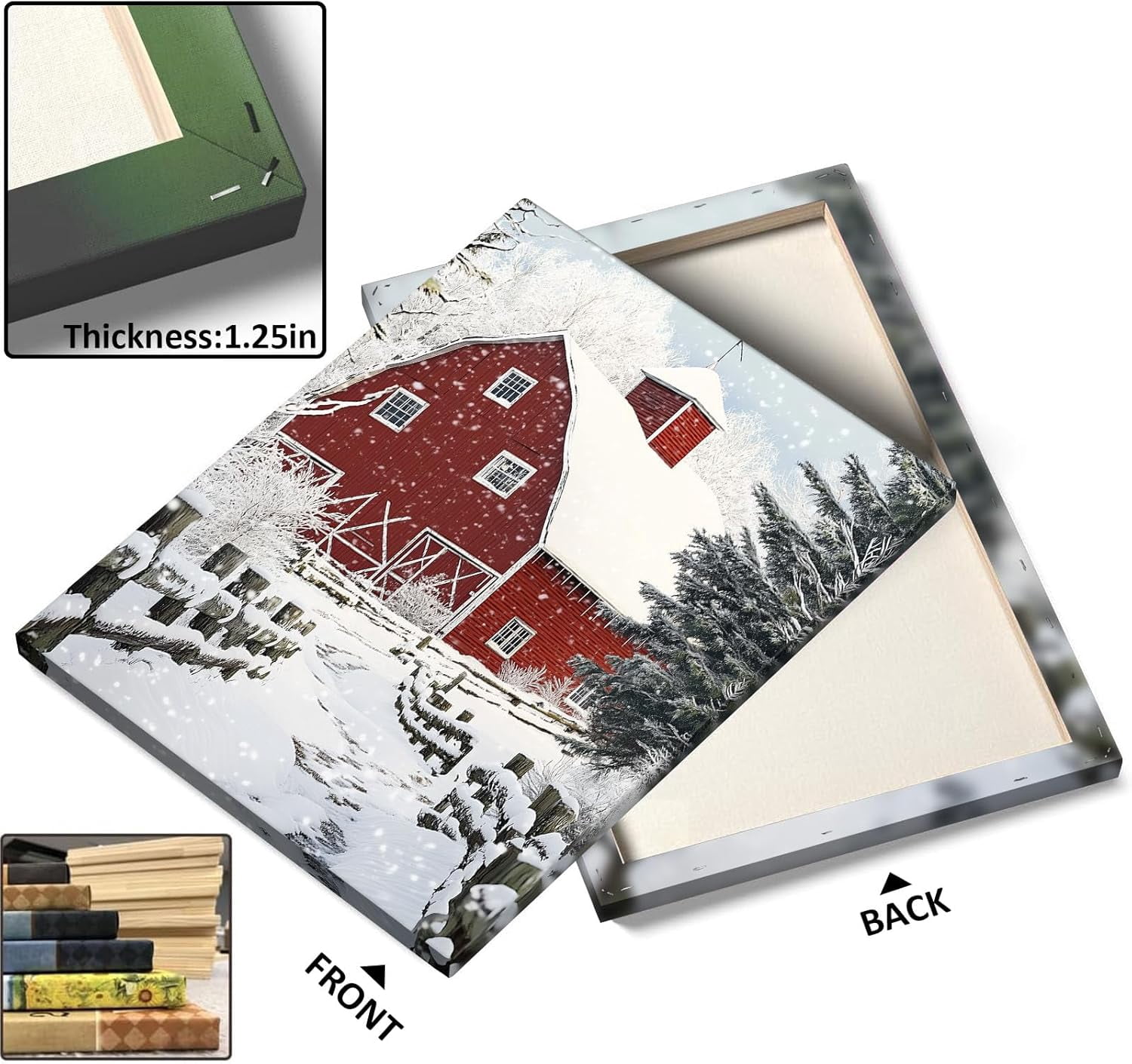 ChristmasCanvas Wall Art Decor with Farm, Red Walls, Snowy Road and Snow-Covered Pines, Holiday Canvas Print for Living Room and Bedroom, Farmhouse-Themed Christmas Wall Art?24X30 inch
