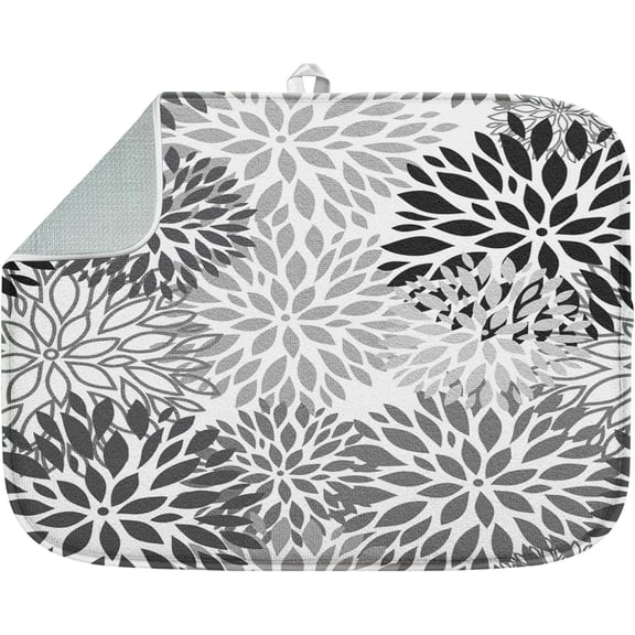 Absorbent Dish Drying Mat, Vintage Spring Leaf Gray Floral Flower Microfiber Pad for Kitchen Counter, Coffee Bar Decor, Heat Resistant and Reversible, 16" x 18"