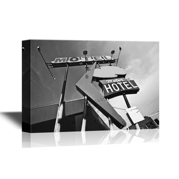wall26 Canvas Wall Art - Motel Sign in Black and White - Gallery Wrap Modern Home Art | Ready to Hang - 24x36 inches
