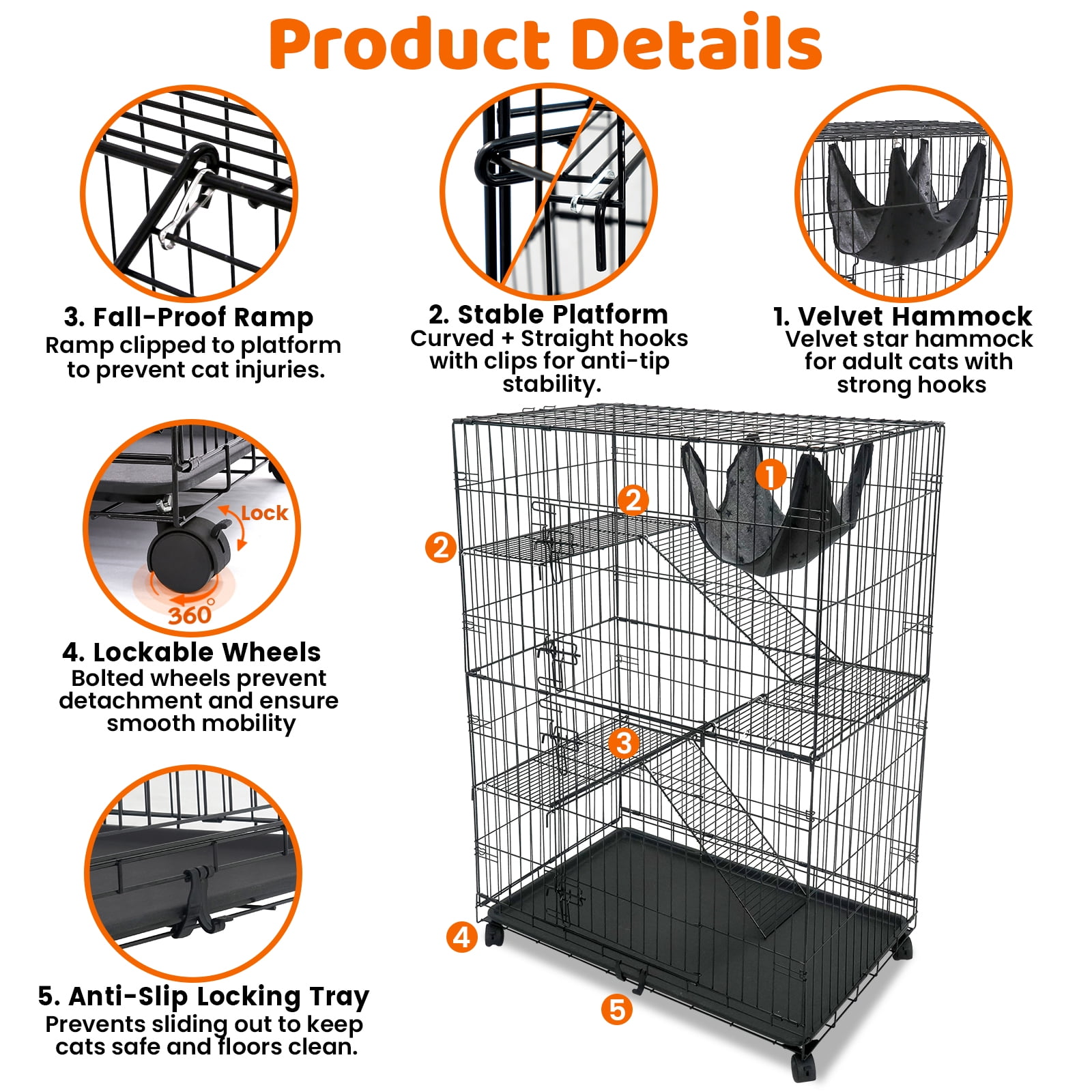 Homey Pet 50 Inch Cat Cages Indoor, Large 4-Tier Cat Crates for Indoor Cats, Collapsible Metal Wire Cat Enclosures Big Multi-Level Cat Cage for Adult Cats Kitten Kitty with Hammock, Ramp, 360° Wheels