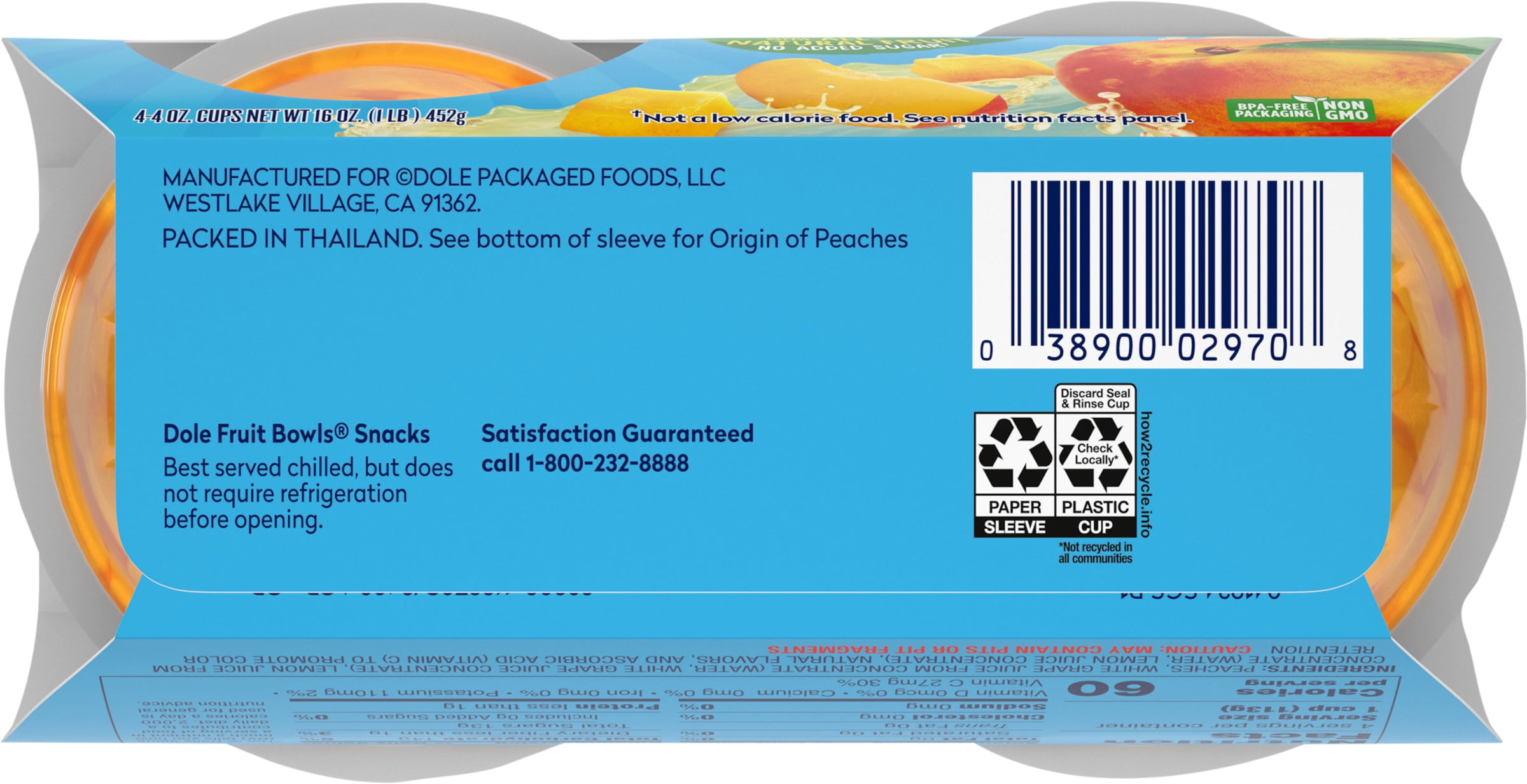 (4 pack) Dole Fruit Bowls Diced Peaches in 100% Fruit Juice, 4 oz Cups (4 Pack)
