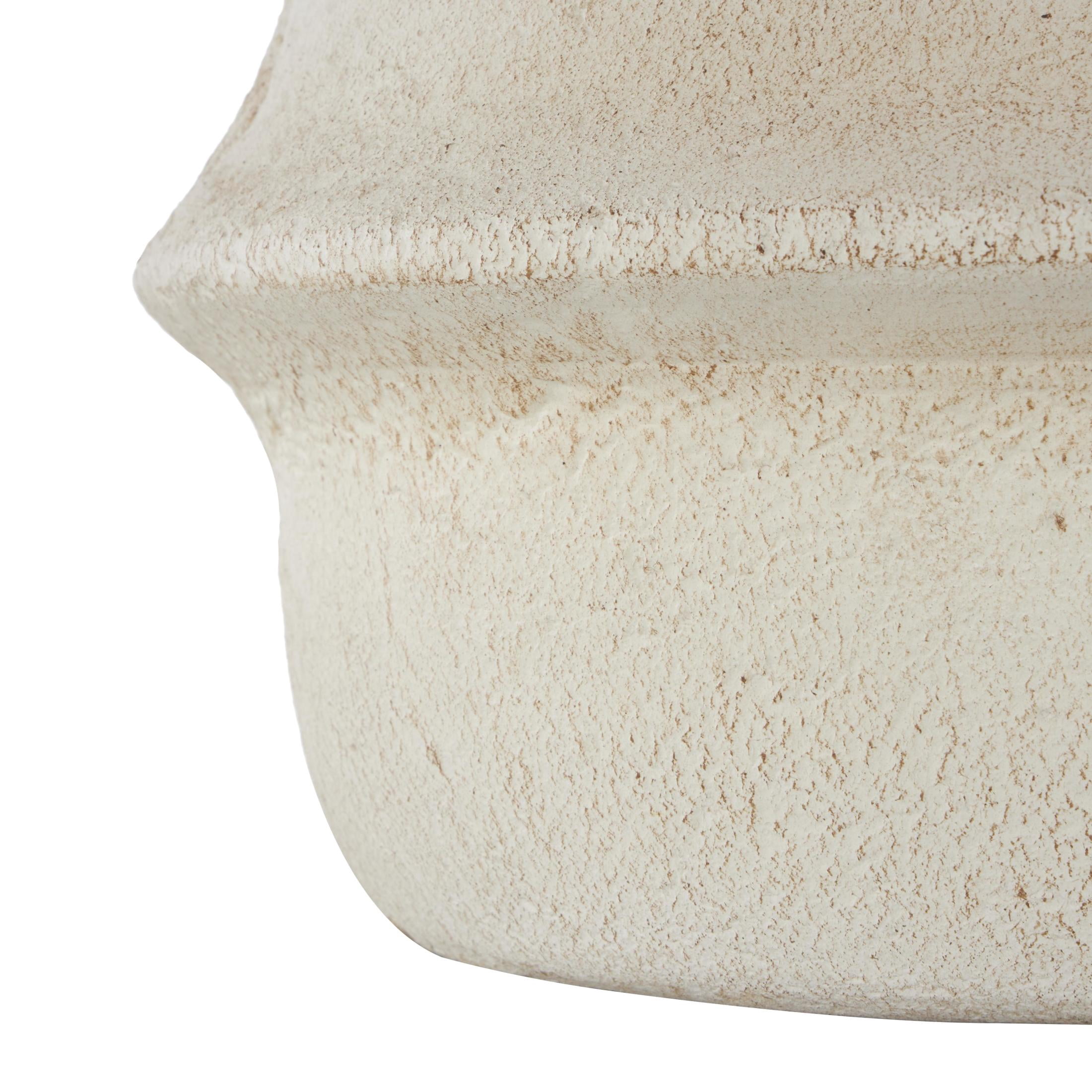 DecMode 14" Fluted Cream Paper Mache Vase with Brown Distressed Texturing and Ring Handle