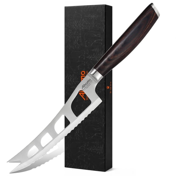 Aihomo 5.5" Offset Cheese Knife for Soft & Semi-Hard Cheese, Serrated Blade, Offset Knuckle Clearance, Easy-Release Perforations