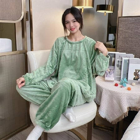 

PIKADINGNIS Autumn Winter Women Flannel Pajamas Set Womens Casual Simple Thick Solid Color Sexy Slash Neck Coral Fleece Home Wear Suit
