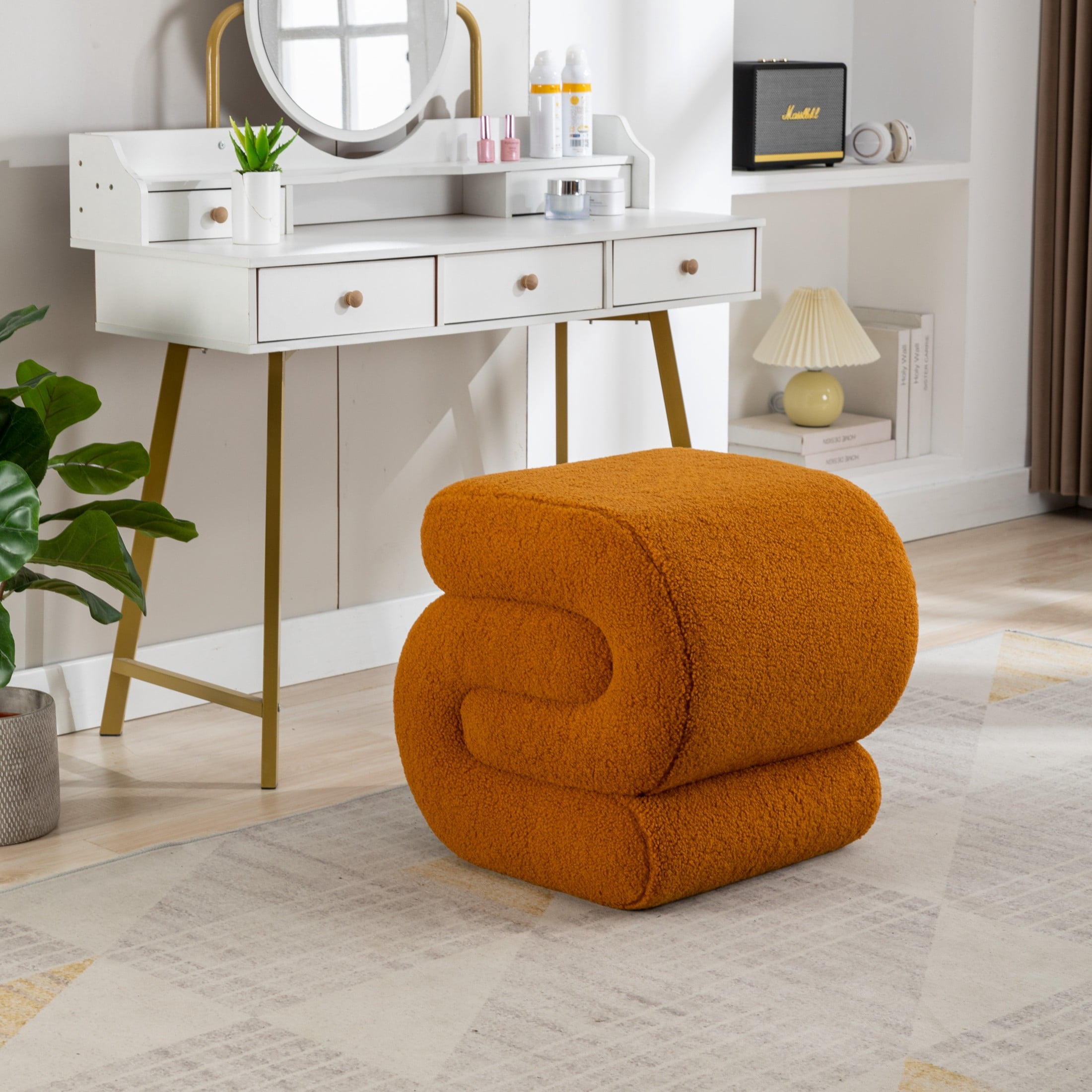 Noble House Rache 19" S-Shape Teddy Accent Ottoman, Boucle Makeup Footrest Table Stool with Foam, Orange