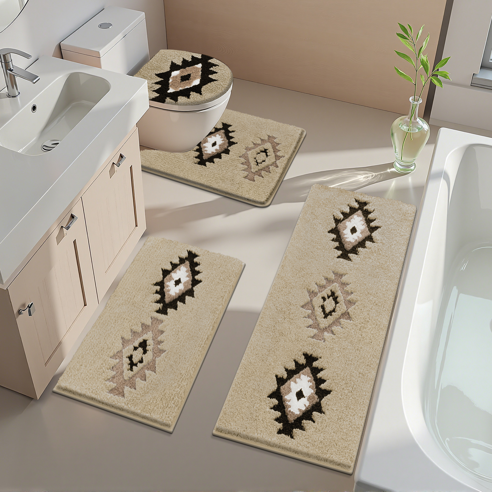 Bathroom Rugs Sets 4 Piece with Toilet Lid Cover, Non Slip Bathroom Mats Extra Soft Chenille Bath Rugs Absorbent Shaggy Rugs Perfect Plush Mats U-Shaped Toilet Rug and Toilet Cover Kitchen