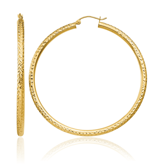 10K Solid Yellow Gold 3mm Round Large Hoop Earrings