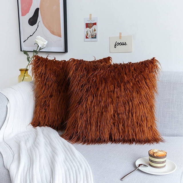 Housse de Coussin Décorative Rétro en Fourrure Longue pour Canapé, Ensemble de 2, 20 Pouces (50cm), Marron Suricate