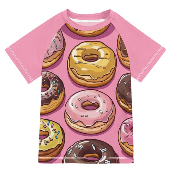 FORMRS Boys Rash Guard Short Sleeves Swim Shirt Quick Dry UPF 50 Sun Protection, Sizes 3-12T, Cute Doughnuts Pattern