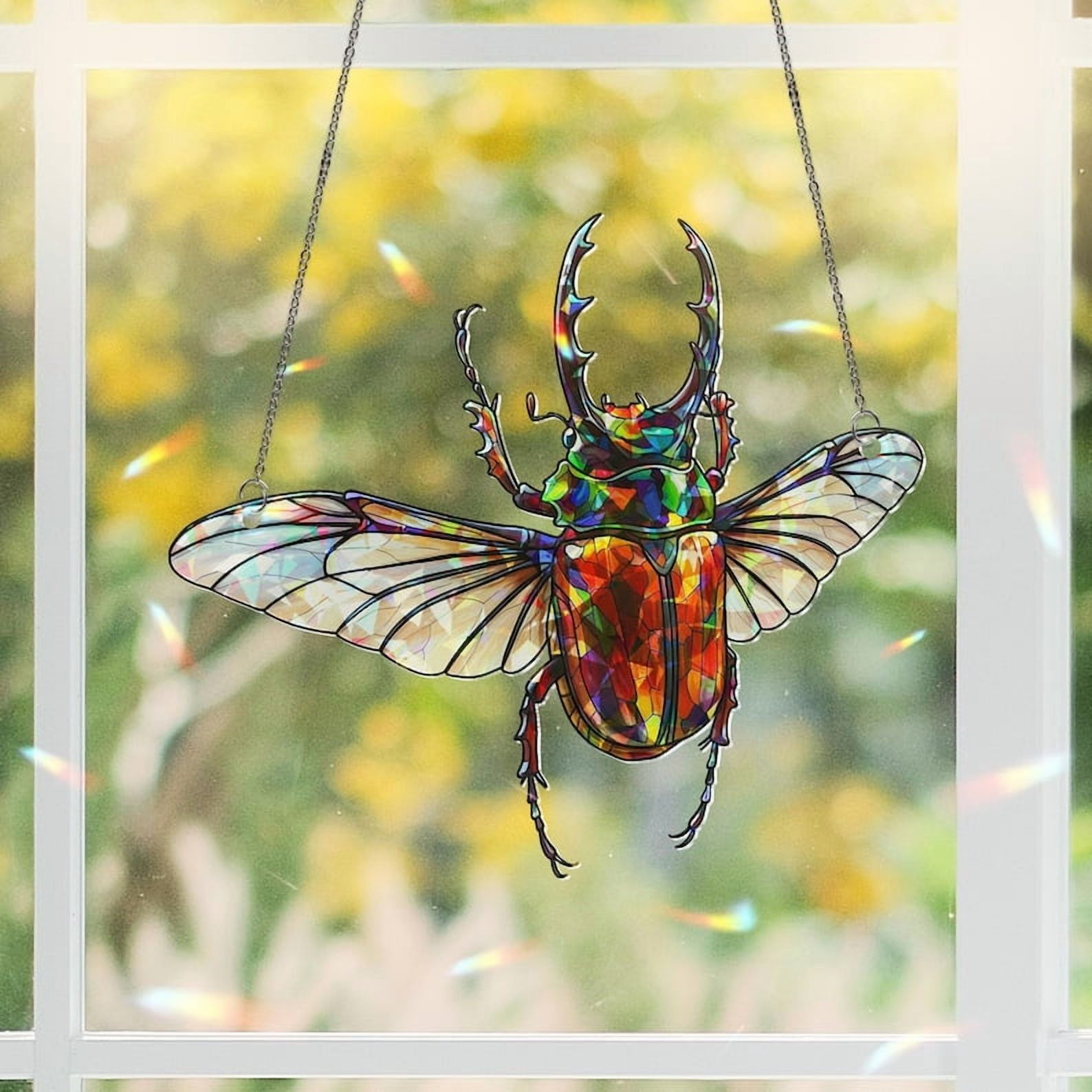 ViciArt Atlas Beetle Acrylic Suncatcher – 12" Holographic Insect Window Hanging, Stained Glass Style Bug Decor with Wings, Rainbow Light Prism Ornament