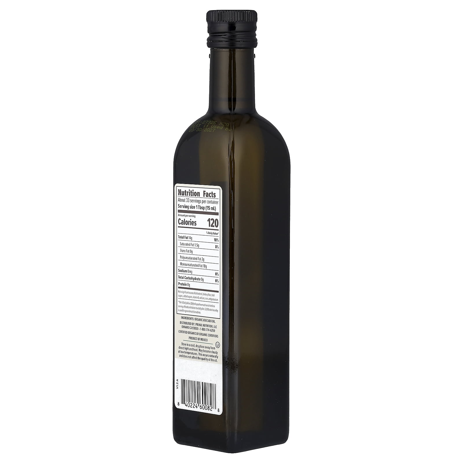 Primal Kitchen Organic Pure Avocado Oil, 1 pt 0.9 fl oz (500 ml)