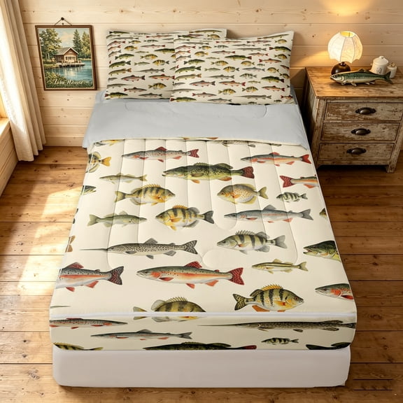 Manfei Hippie Freshwater Fish Zipper Twin Comforter Sets with Fitted Sheet and 2 Pillowcases, Wildlife Zipper Bedding Set, Cream, Gray Reversible, 4pcs