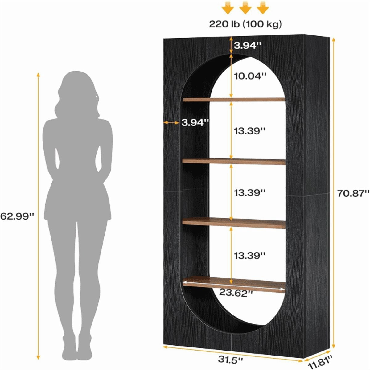 5-Tier Black Bookshelf with Arch Design, 45lb per Shelf, for Living Room/Home Office/Bedroom