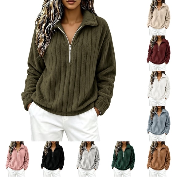 XAOFW Half Zip Sweatshirts For Women Long Sleeved Turndown Collar Loose Fitting Casual Warm Pullover Sweatshirts Breathable Tops L