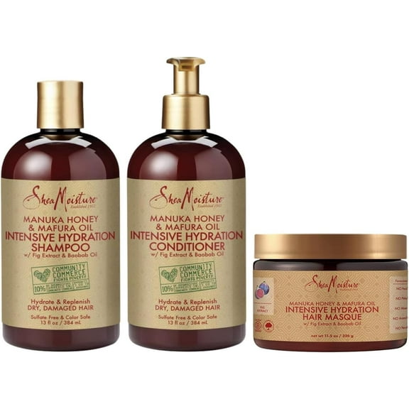 Sheamoisture Hydrate And Replenish Shampoo, Conditioner And Hair Masque For Curly Hair Manuka Honey And Marfura Oil Deep Conditioning Hair Treatment To Hydrate And Replenish Hair 3 Count