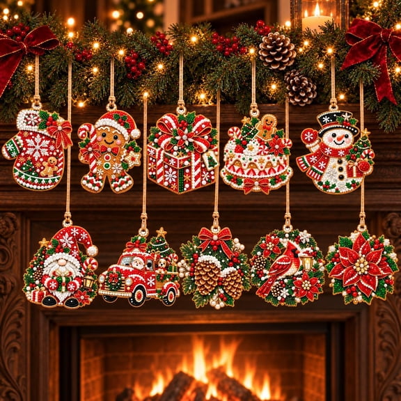 10-Piece Christmas Ornaments DIY Pearl Diamond Art Kits for Adults, Hanging Diamond Painting Kit with Twine