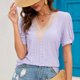 thumbnail image 5 of Blusa de manga corta de guipur con ribete de encaje y costuras con escote en V para mujer y niña, 5 of 6